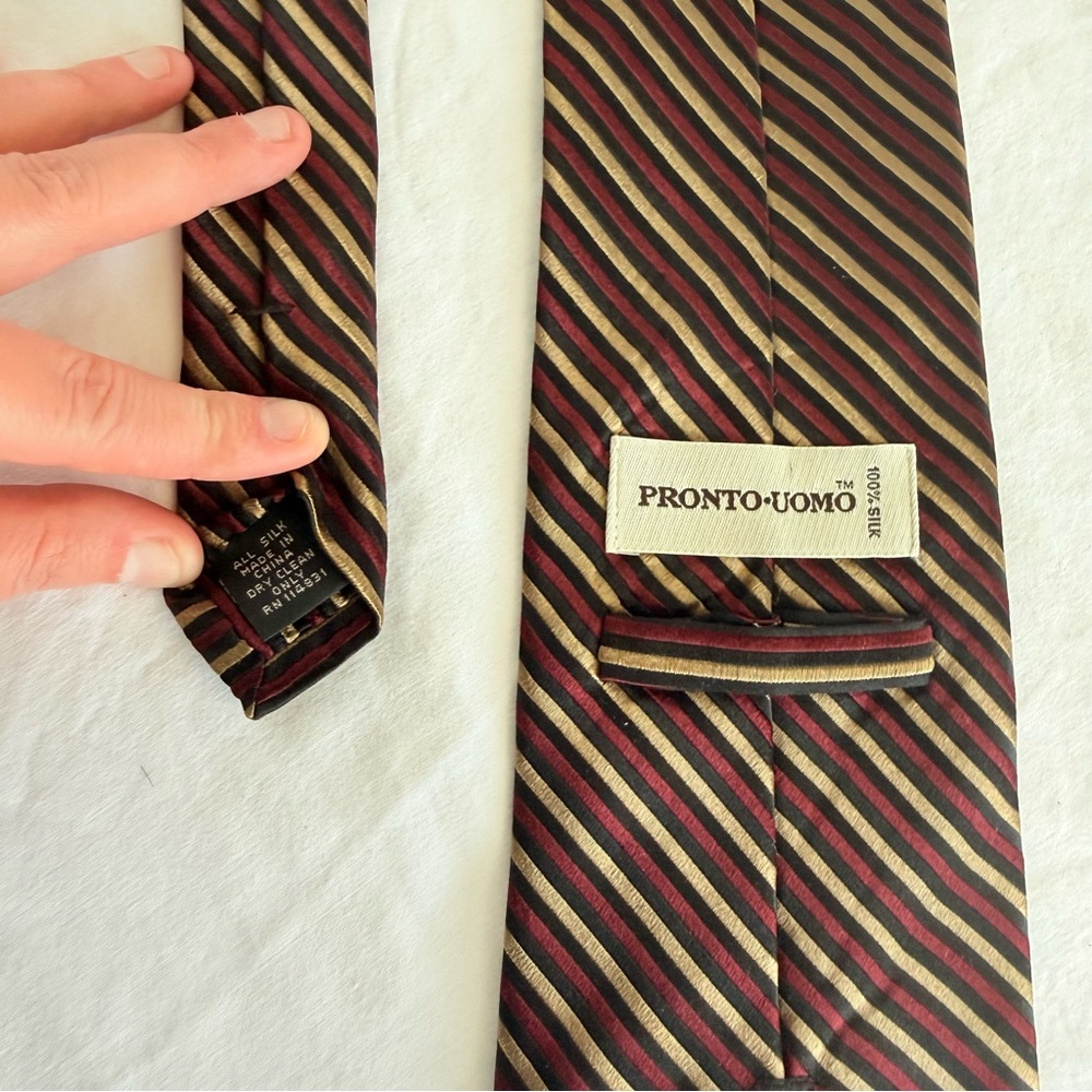 Pronto Uomo 100% Silk Men's Necktie Red Gold Black Striped‎ Designer Classic